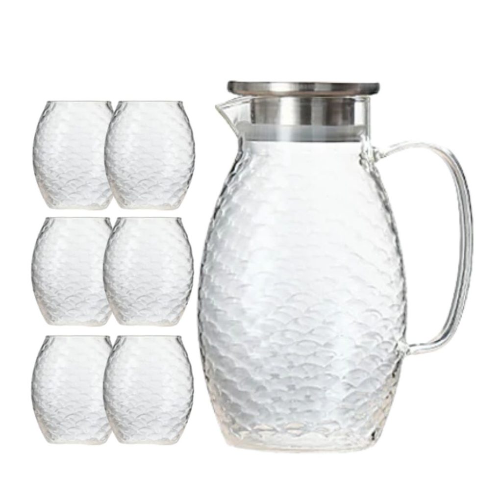 7Pcs Hammered Glass Jug Set (1 Jug + 6 Glasses)